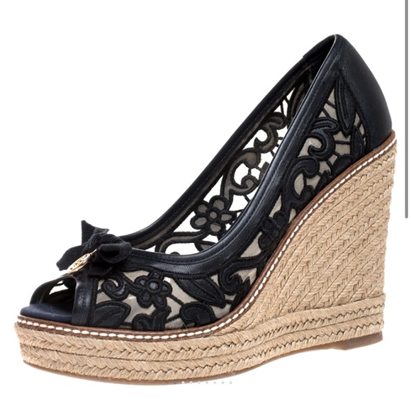 Tory Burch Blue Lucia Lace Leather Jackie Peep Toe - Picture 8 of 8